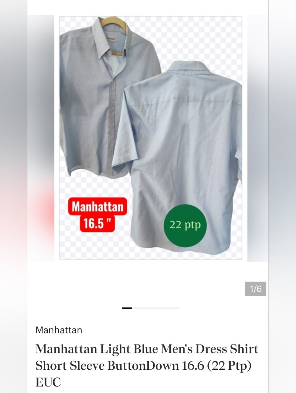 Manhattan Light Blue Short-Sleeve Men's Dress Shirt Button Down 16.6 ( 22 Ptp)